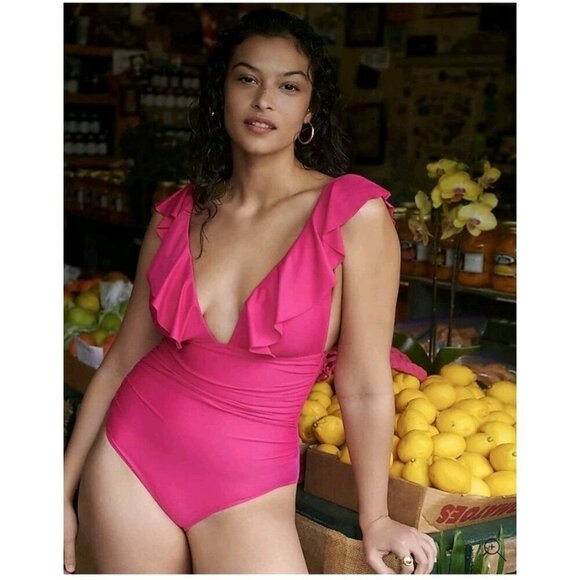 J. Crew Pink Fushia One Piece Swim Suit Ruched Ruffle V Neck Women's 10 (862) - Picture 2 of 6